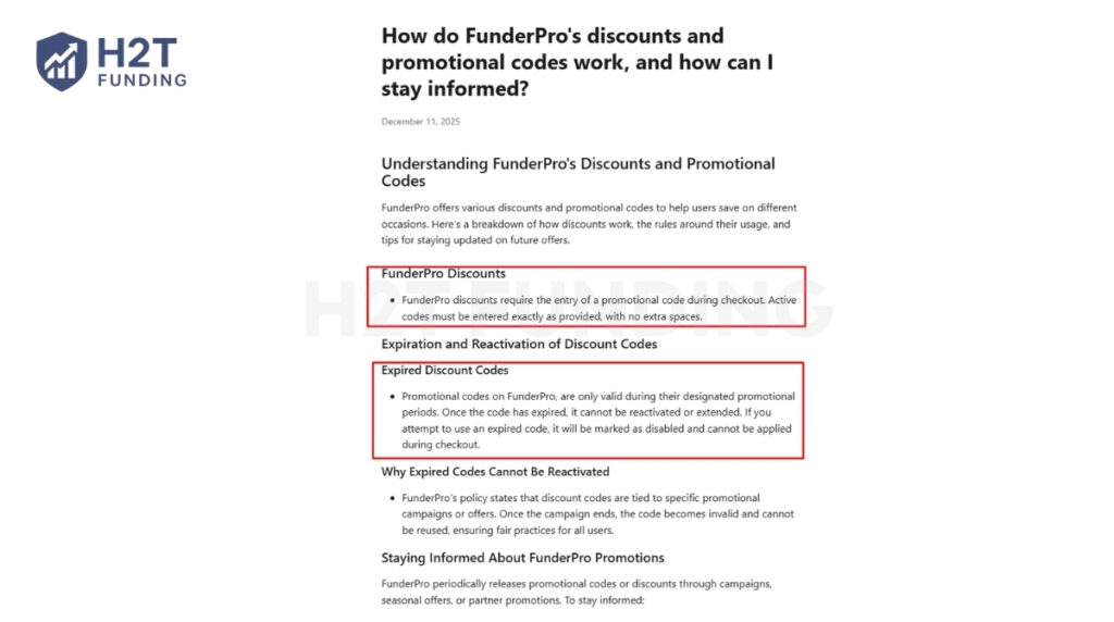 FunderPro's official discount code policy, including case-sensitive code entry and expiration rules