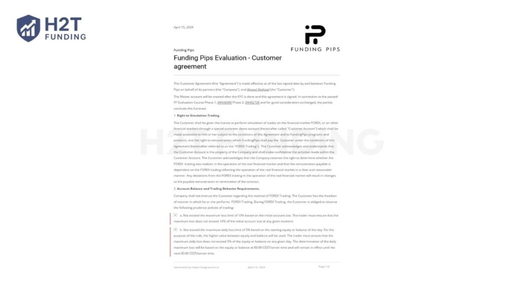 Funding Pips master account customer agreement