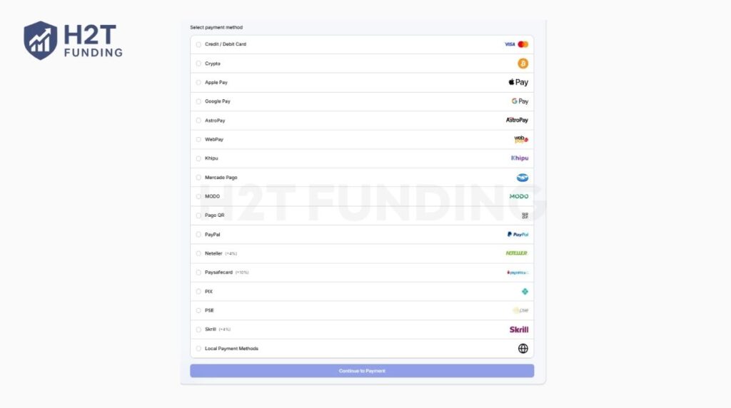 Funding Pips offers a highly flexible checkout process with over 15 different payment gateways