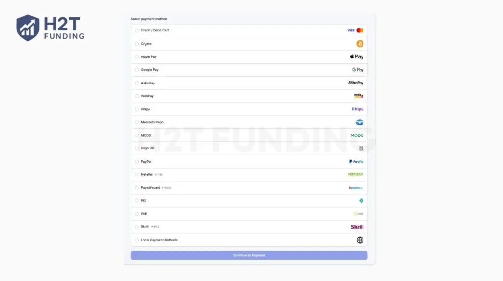 Funding Pips offers a highly flexible checkout process with over 15 different payment gateways