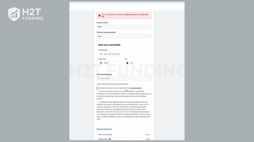 FundingPips Pay to Card payout option showing card payment details during the reward request process
