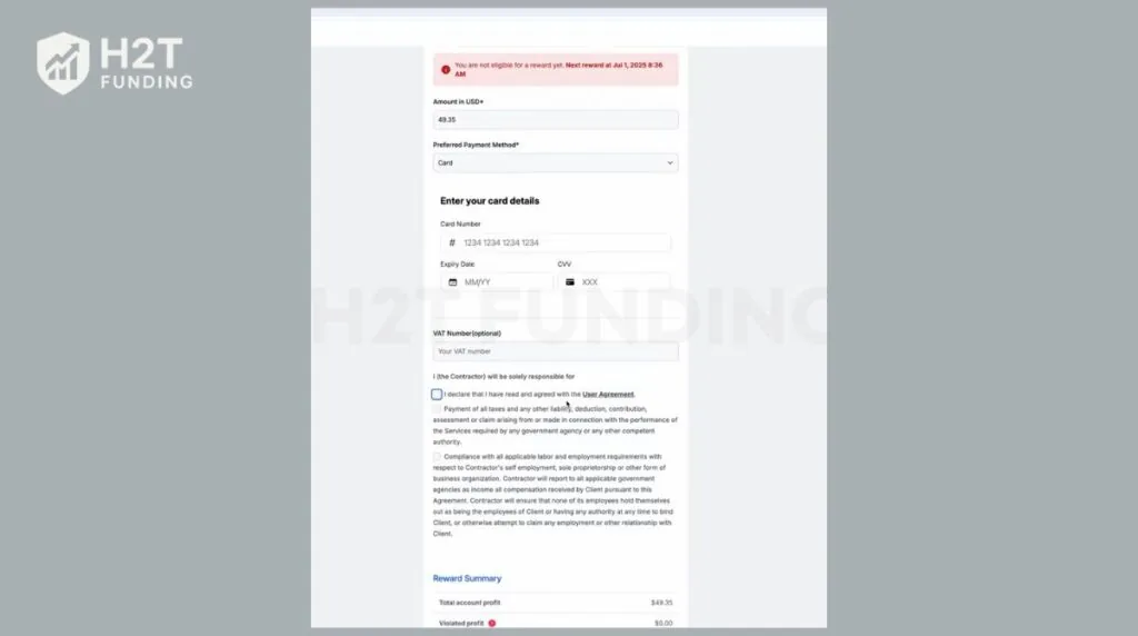 FundingPips Pay to Card payout option showing card payment details during the reward request process