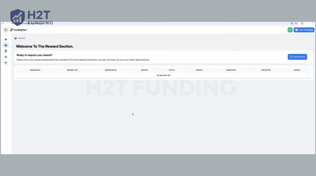 FundingPips Reward Section where traders submit their payout request via the Request Reward button
