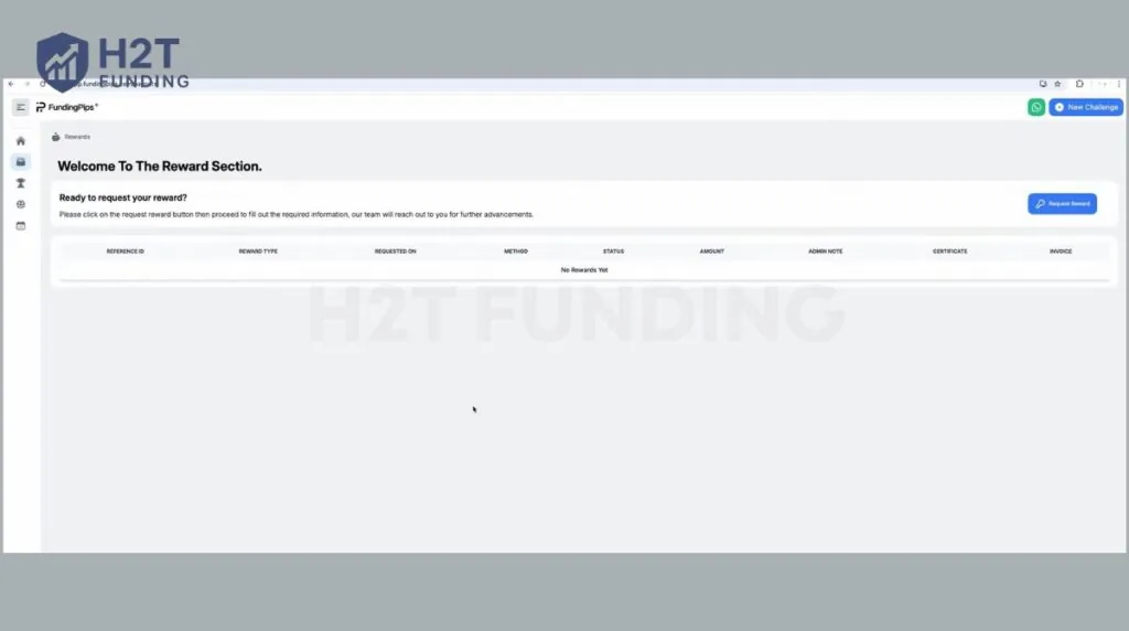 FundingPips Reward Section where traders submit their payout request via the Request Reward button