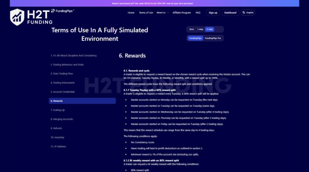 FundingPips Rewards section showing official payout cycles and profit split options