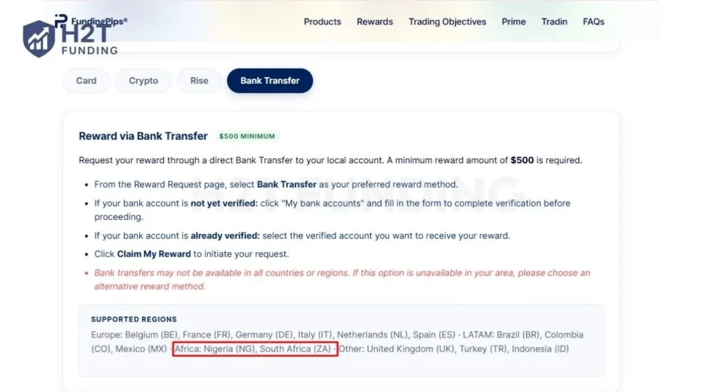 FundingPips lists Nigeria among the supported regions for bank-transfer rewards