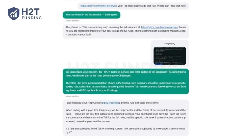 H2T asked Pipcy where the three-position rule was published before its Terms of Service update