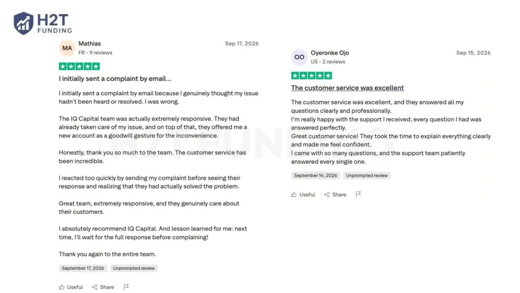 Two five-star Trustpilot reviews of IQ Capital from September 2026 praising customer support