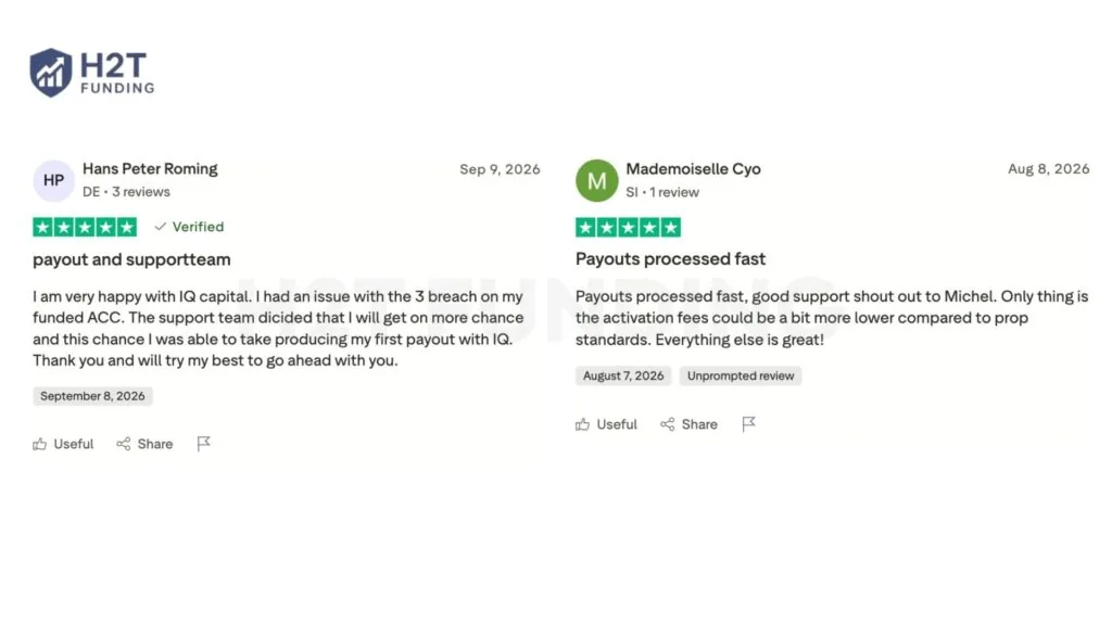Two five-star Trustpilot reviews of IQ Capital mentioning fast payouts, helpful support, and a second chance after a breach