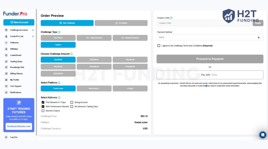 FunderPro coupon code field on the checkout page before payment If you have already created a FunderPro account