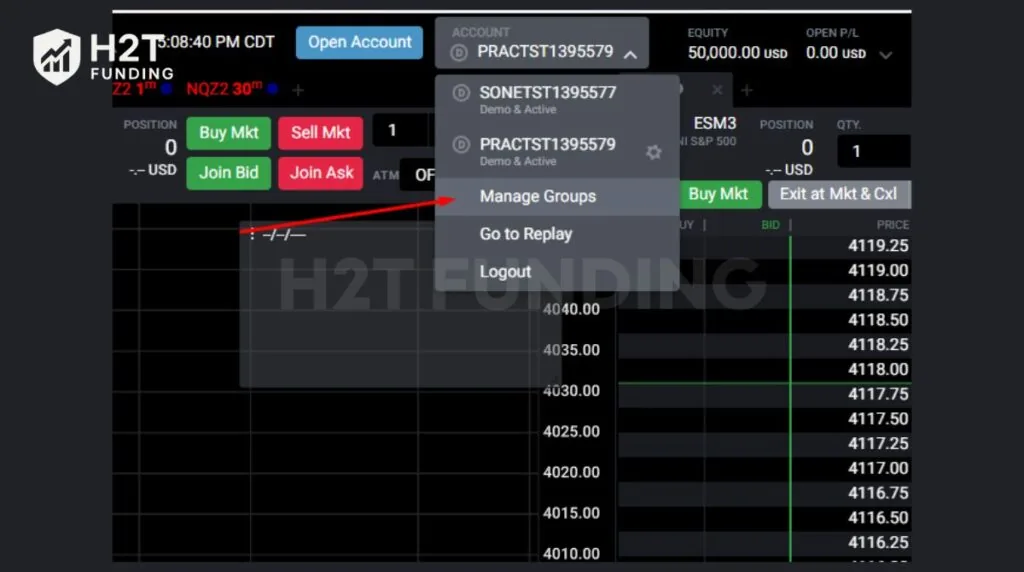 In the accounts drop-down, select Manage Groups