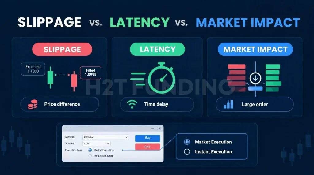 Infographic comparing slippage, latency, and market impact in trading