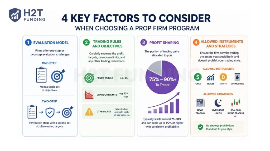 Infographic showing 4 key factors to consider when choosing a prop firm program