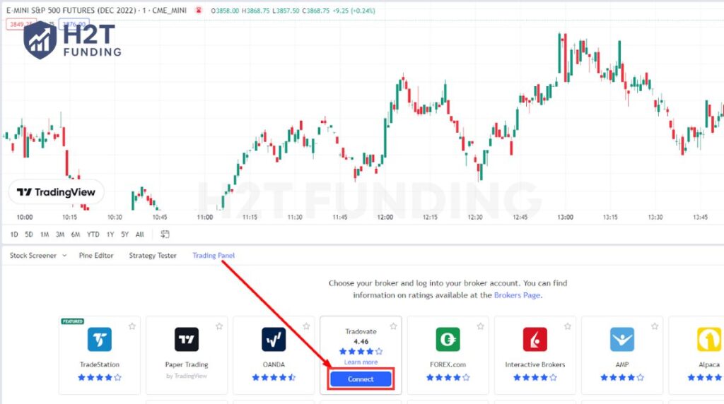 Inside TradingView, go to a chart, click the Trading Panel, and choose the Tradovate logo
