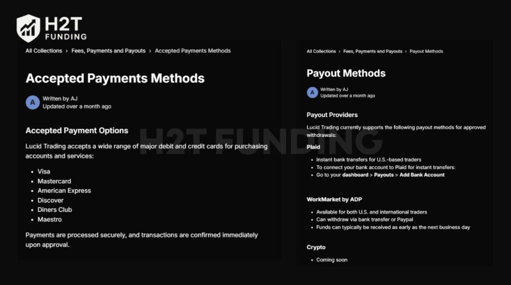 Lucid Trading payment and payout methods from the official website update