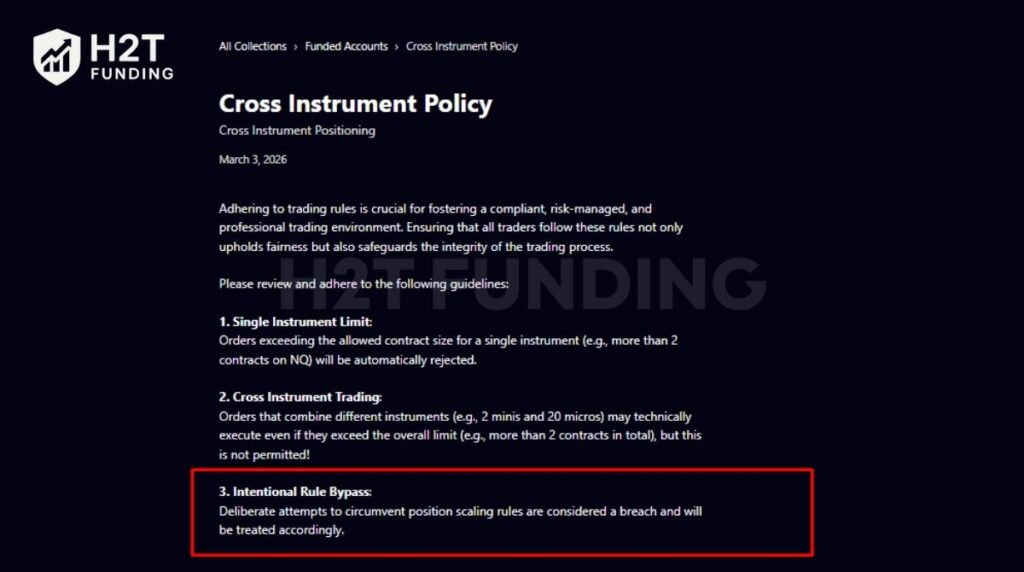 MFFU’s Cross Instrument Policy states that bypassing position limits is considered an account breach