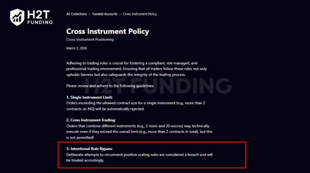 MFFU’s Cross Instrument Policy states that bypassing position limits is considered an account breach