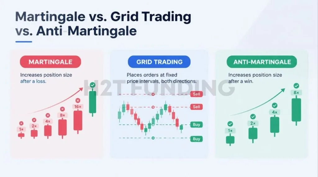 Martingale vs Grid vs Anti-Martingale comparison