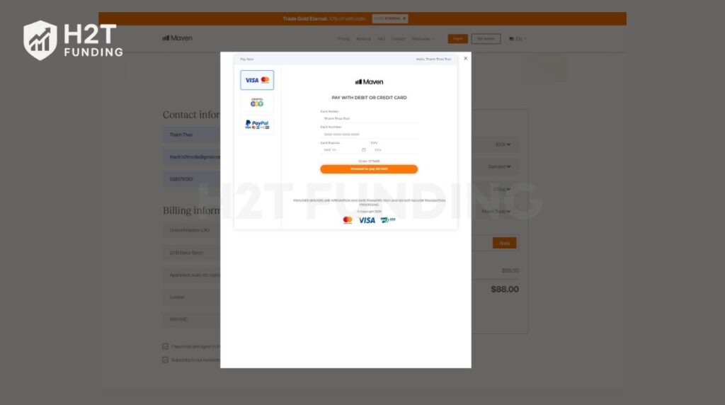 Maven Trading’s secure checkout interface for purchasing challenge accounts