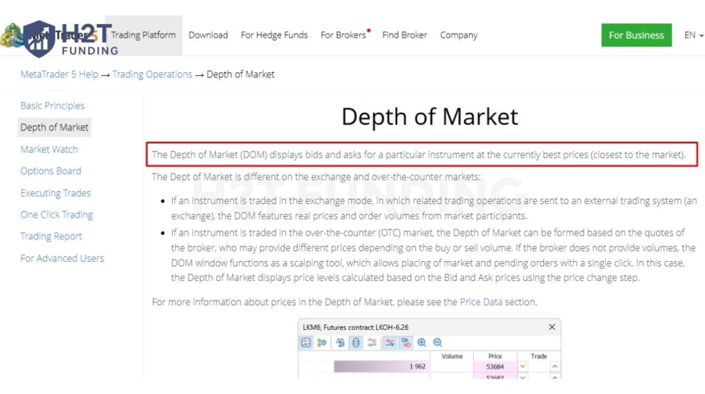 MetaTrader 5 Depth of Market interface and official explanation of bid and ask pricing