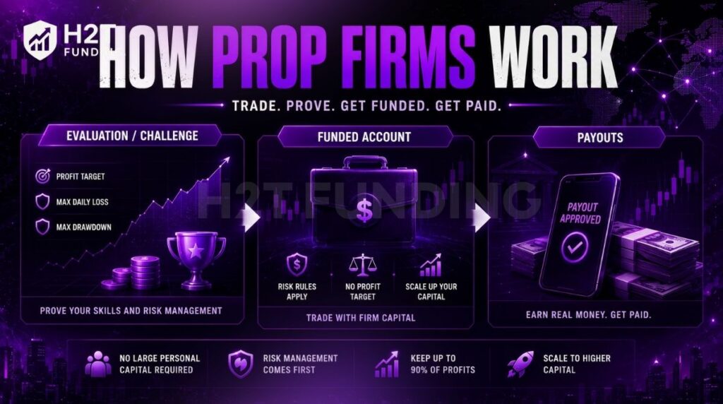 Most modern prop firms follow a simple three-step process: Evaluation - Funded Account - Profit Payouts