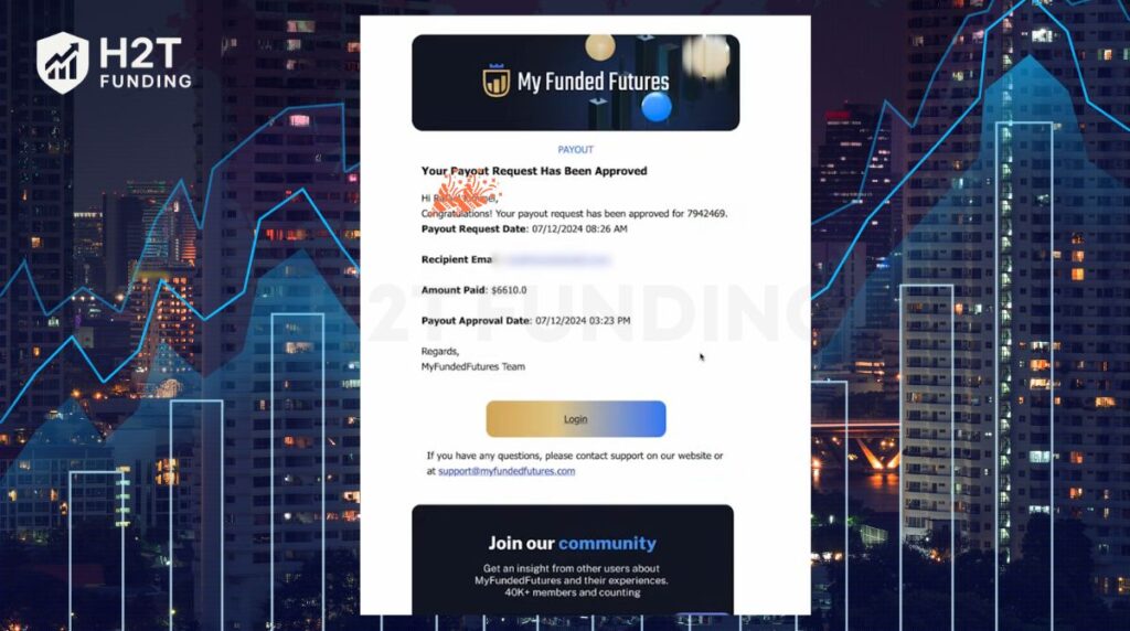 My Funded Futures payout approval confirmation email shows a successful withdrawal