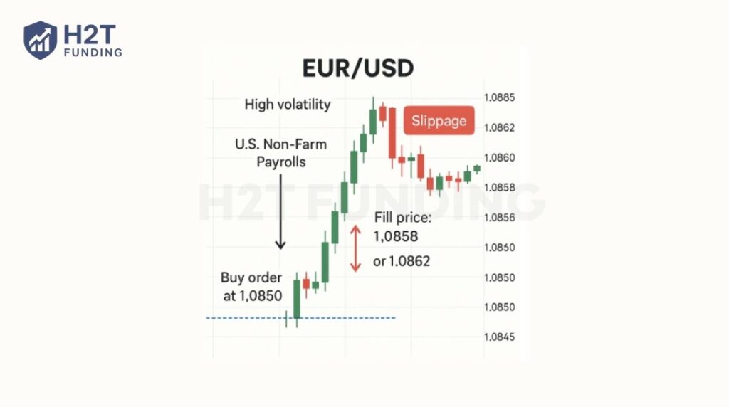 NFP news causes slippage on EUR/USD, filling the order higher than expected