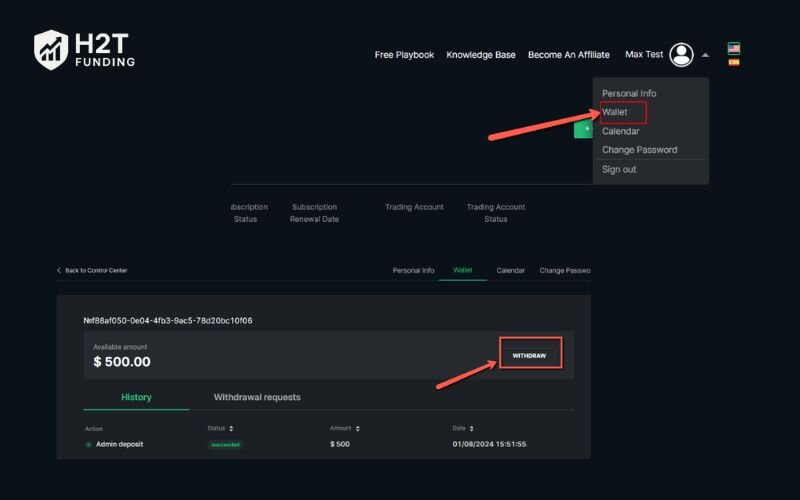 Navigate to the control center to request a payout