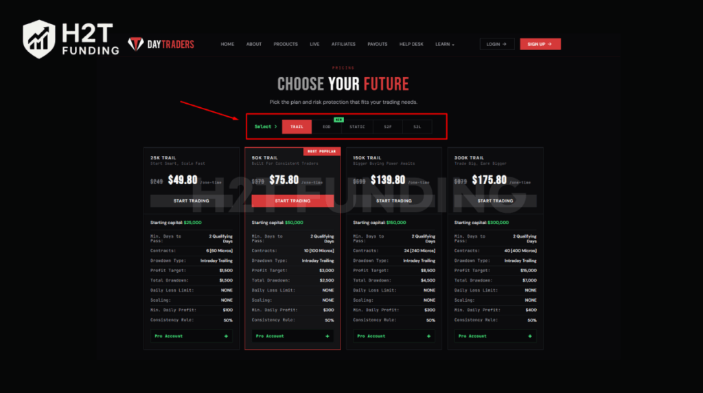 Navigate to the pricing section and choose your account type
