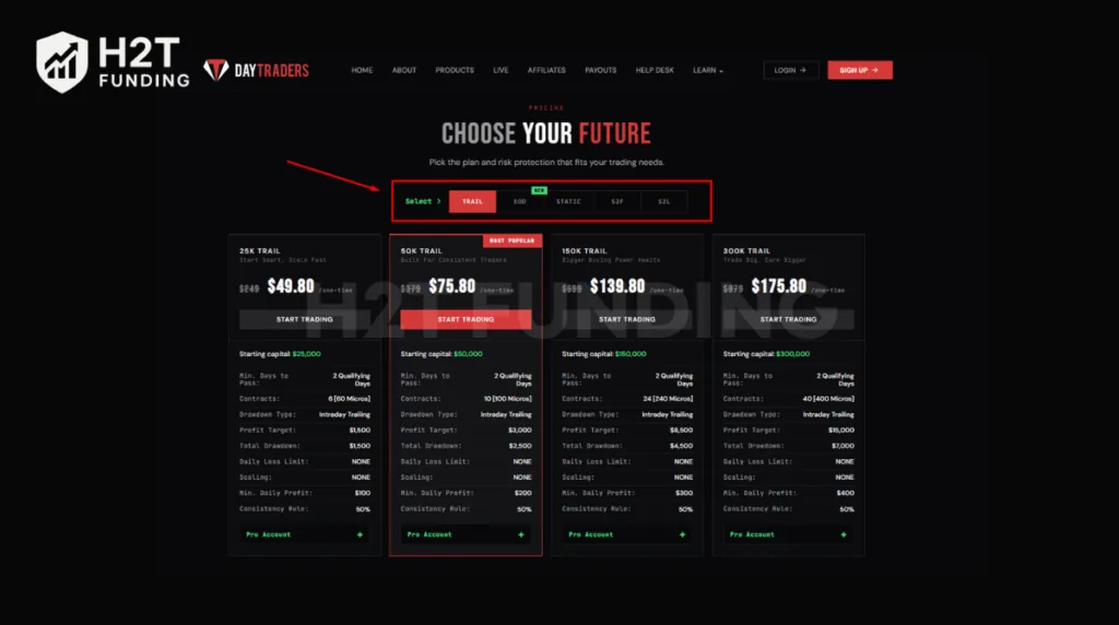 Navigate to the pricing section and choose your account type