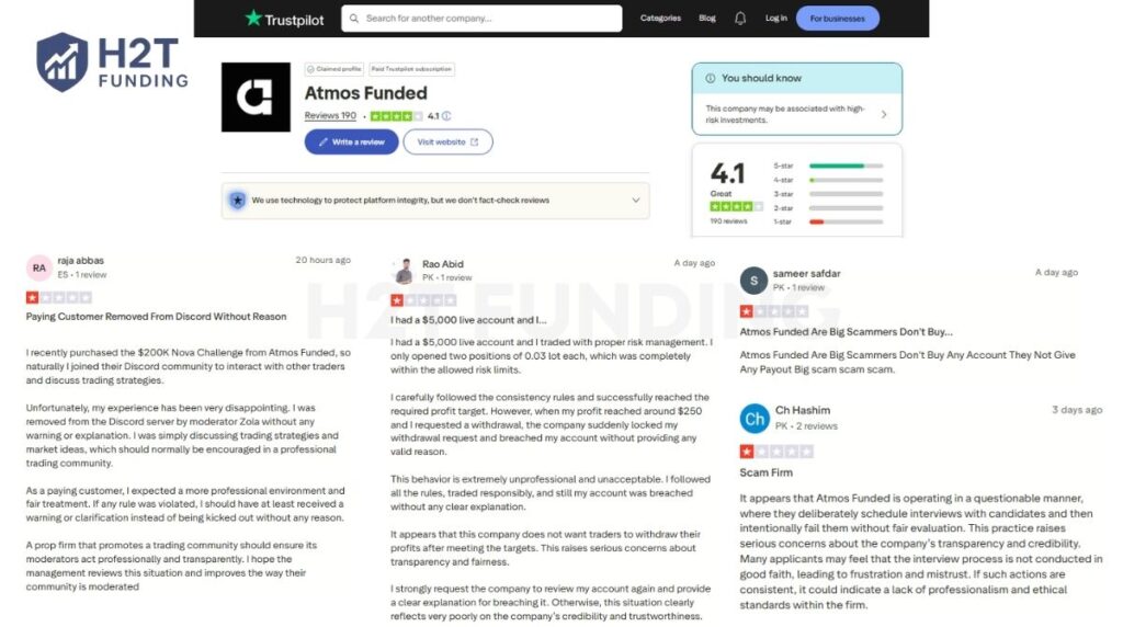 Negative Atmos Funded Trustpilot reviews (updated on March 31, 2026)