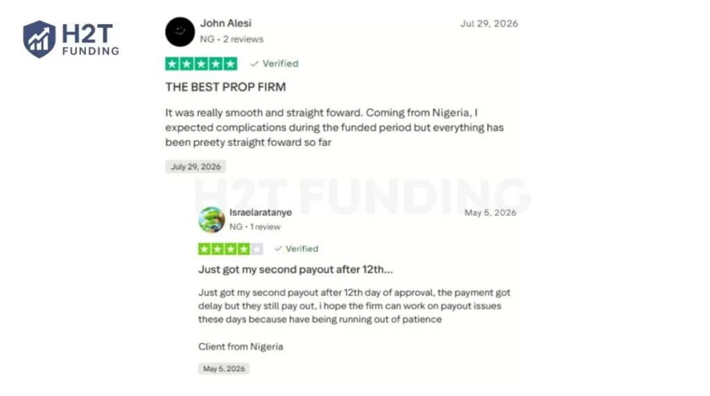 Nigerian traders share successful funded-account and payout experiences with The5ers on Trustpilot