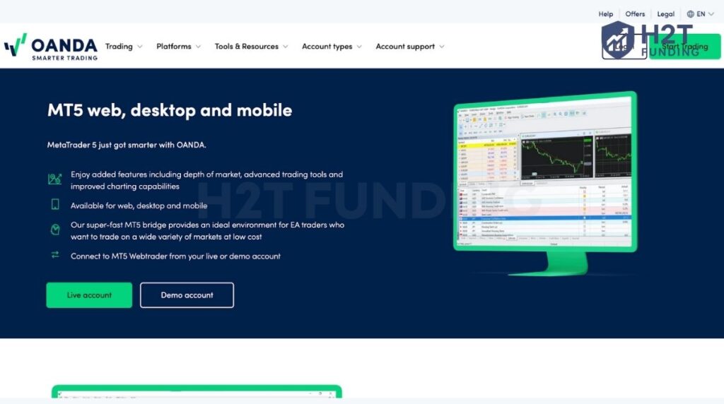 OANDA US provides MT5 on web, desktop, and mobile with depth of market