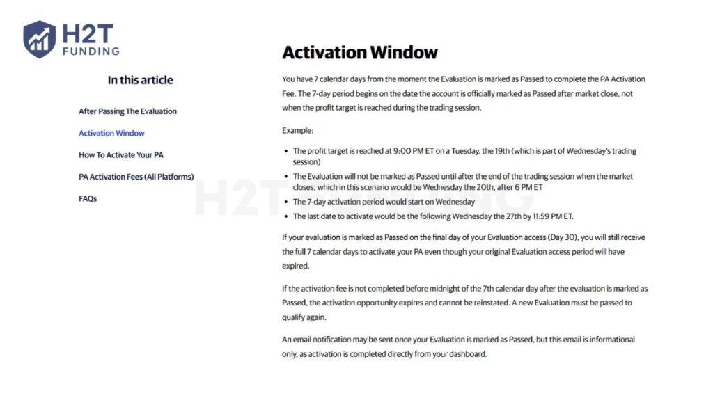 Official Apex Trader Funding guidelines illustrating how the 7-day PA activation deadline is calculated based on market close