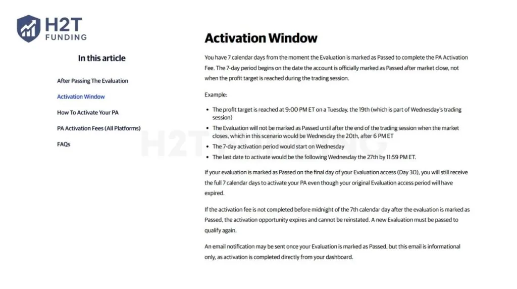 Official Apex Trader Funding guidelines illustrating how the 7-day PA activation deadline is calculated based on market close