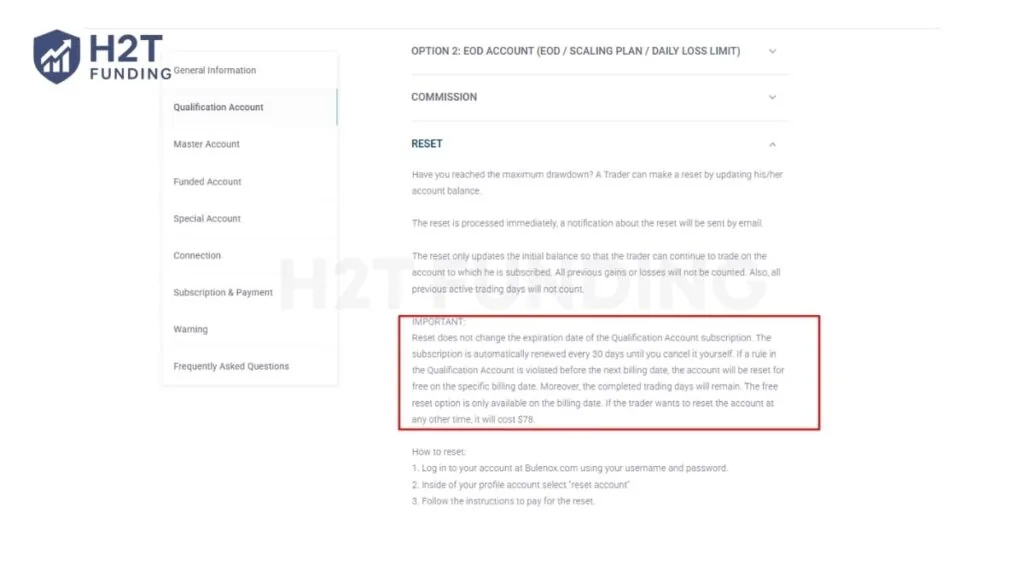 Official Bulenox policy confirming the 30-day subscription cycle and the 78 account reset fee