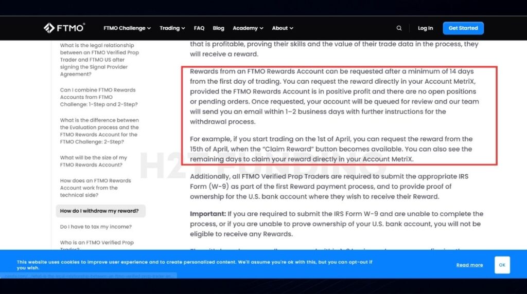 Official FTMO FAQ explaining the 14-day first payout rule