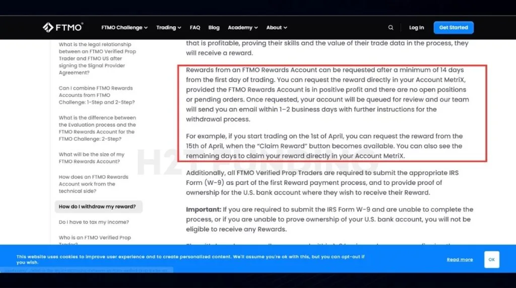 Official FTMO FAQ explaining the 14-day first payout rule