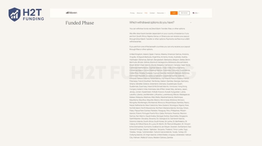 Official Maven Trading withdrawal options and regional availability