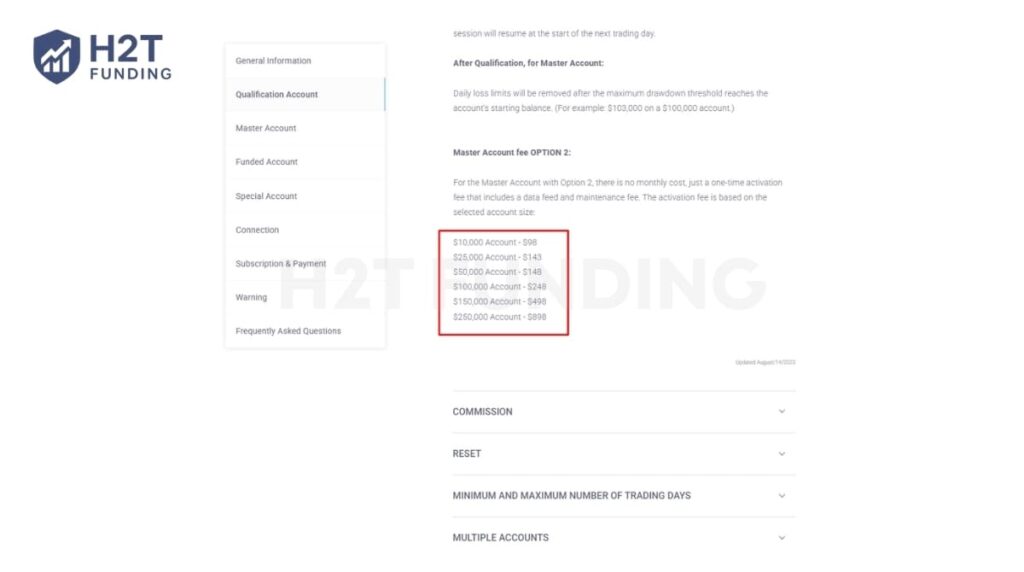 Official documentation confirming the 98 activation fee for the 10,000 EOD Master Account