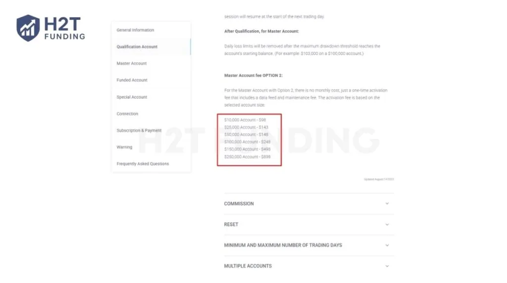 Official documentation confirming the 98 activation fee for the 10,000 EOD Master Account