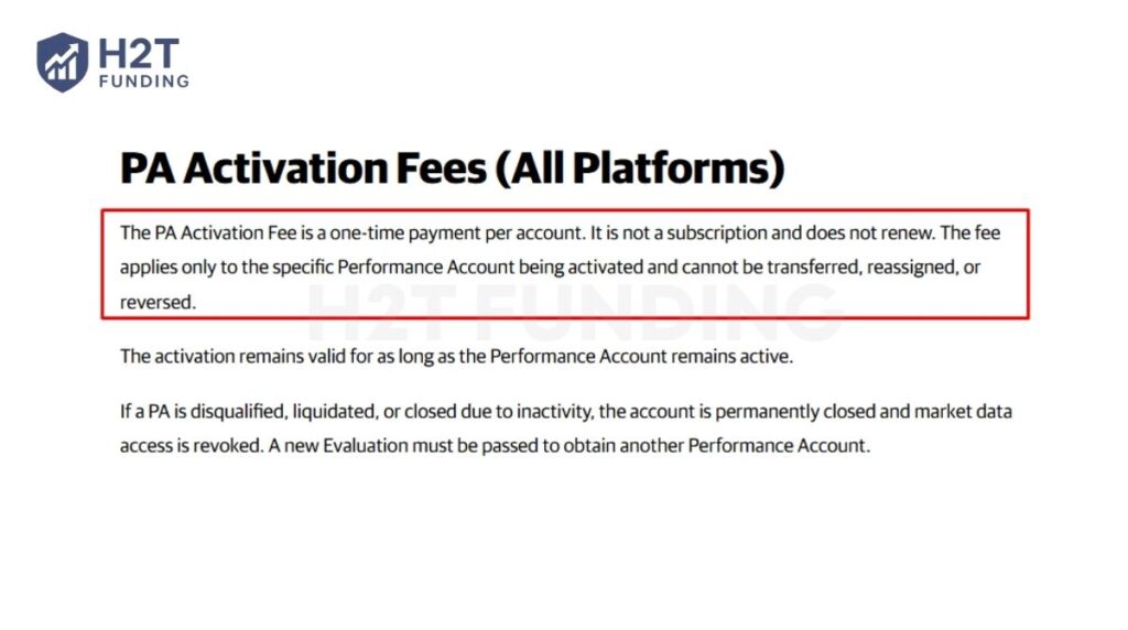 Official terms from Apex Trader Funding confirming that the PA Activation Fee is a one-time payment and non-transferable