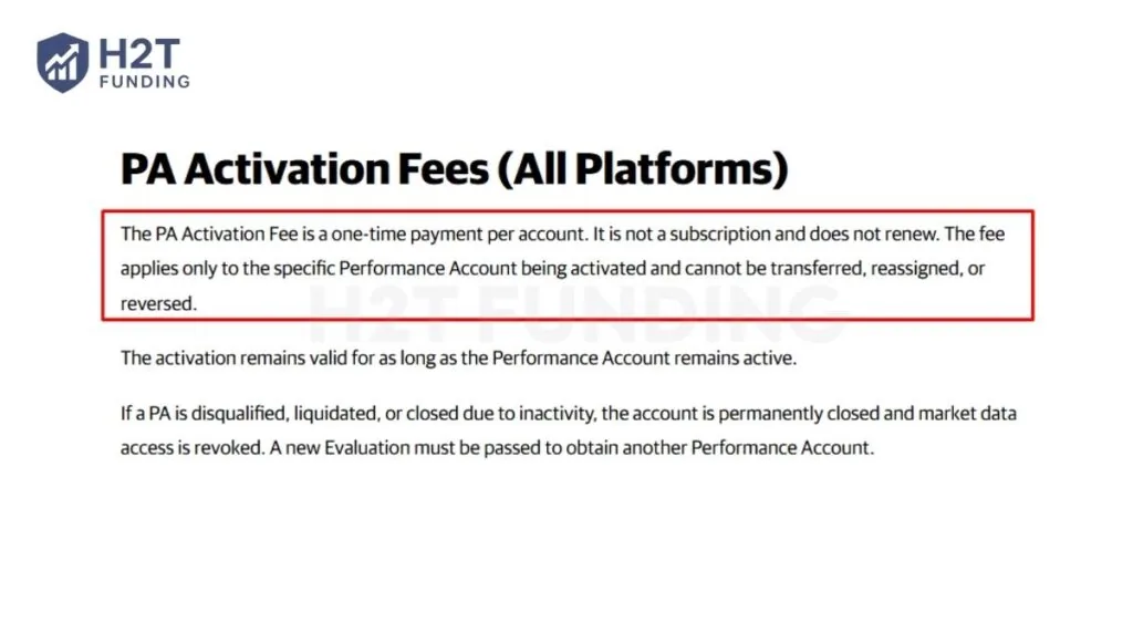 Official terms from Apex Trader Funding confirming that the PA Activation Fee is a one-time payment and non-transferable