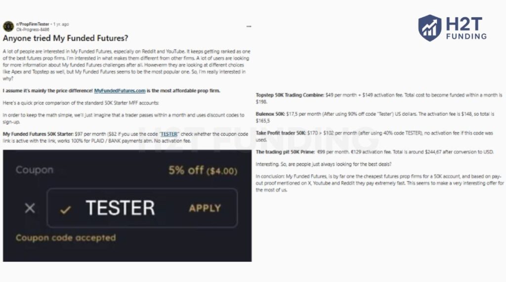 On Reddit, My Funded Futures vs Topstep Reddit threads frequently compare costs, payout speed