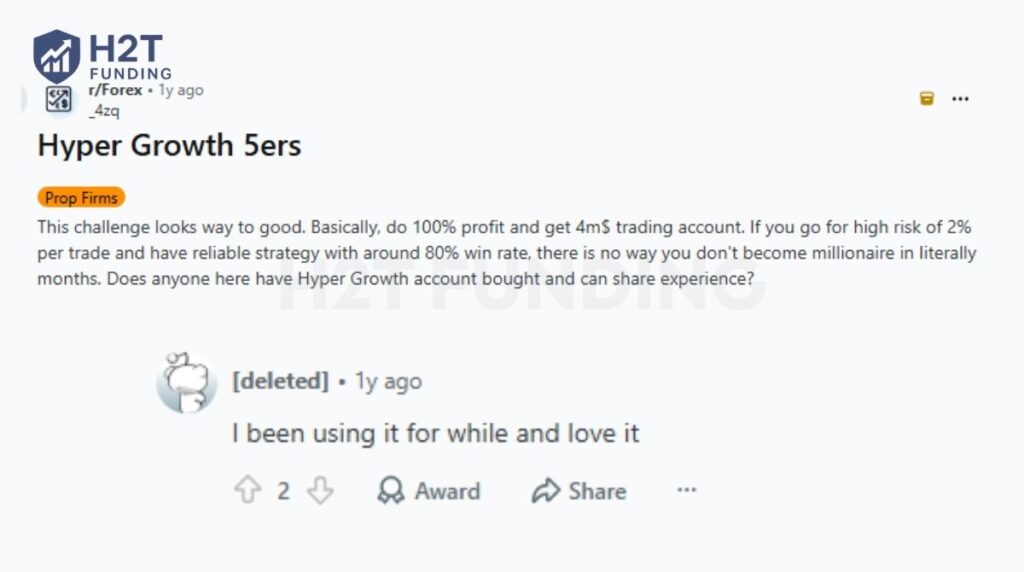 One trader shared a positive experience with The5ers Hyper Growth on Reddit