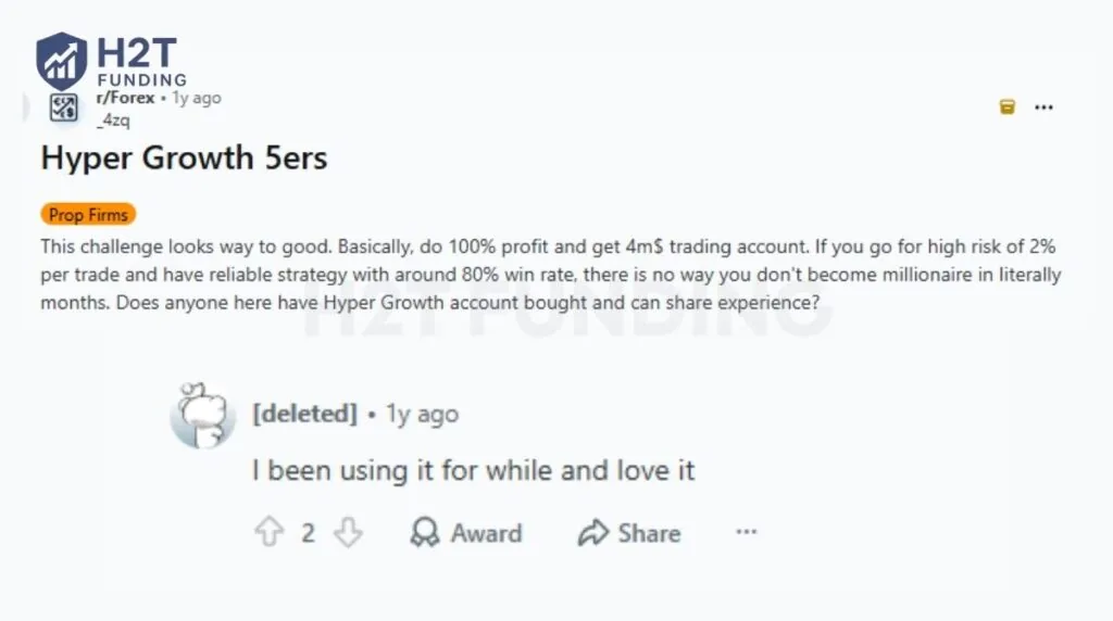 One trader shared a positive experience with The5ers Hyper Growth on Reddit