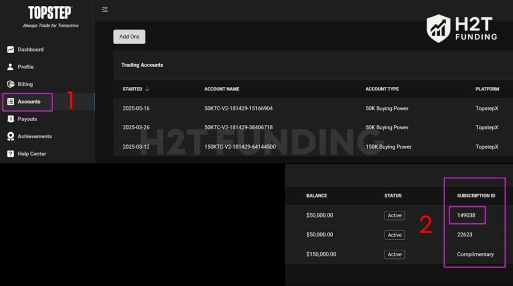 Open your Accounts page to find the correct subscription ID for the Trading Combine
