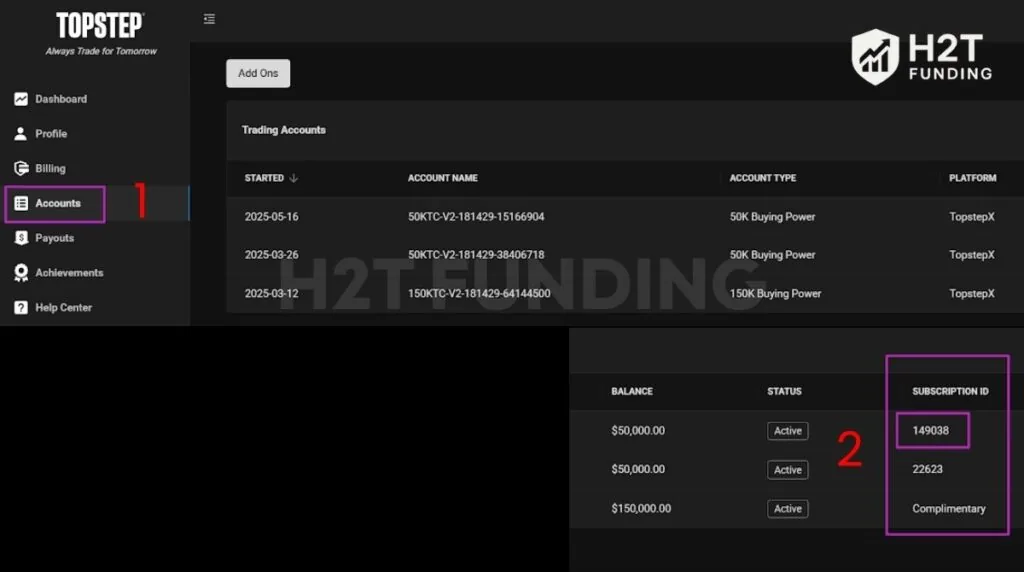 Open your Accounts page to find the correct subscription ID for the Trading Combine