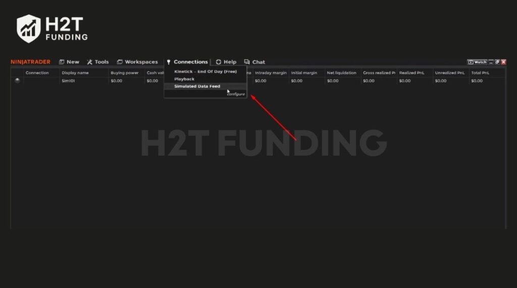 Opening the configuration menu via the Connections tab in NinjaTrader