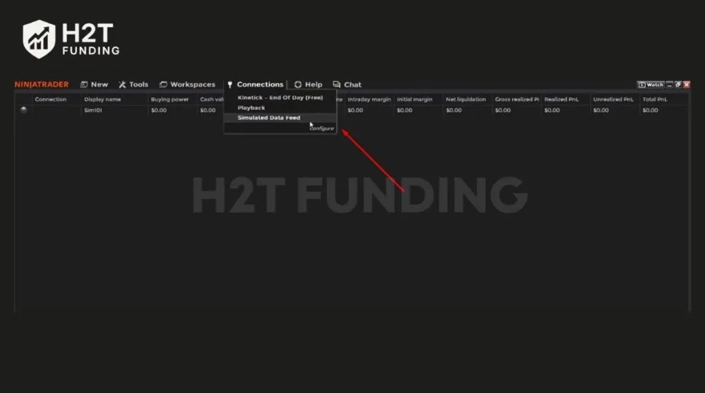 Opening the configuration menu via the Connections tab in NinjaTrader